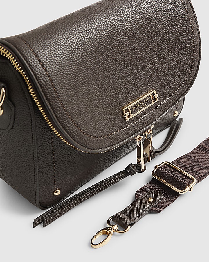 Brown Zip Flap Front Crossbody Bag