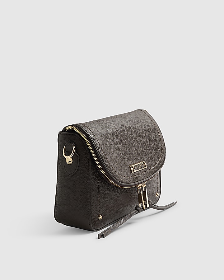 Brown Zip Flap Front Crossbody Bag