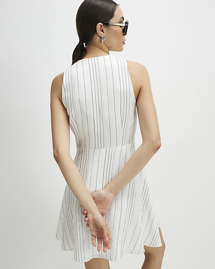 White Stripe V Neck Mini Dress