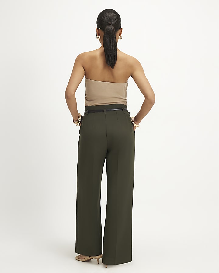 Petite Green Belted Slim Leg Trousers