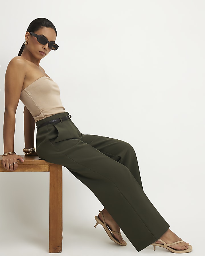 Petite Green Belted Slim Leg Trousers