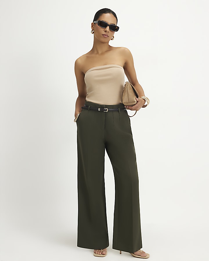 Petite Green Belted Slim Leg Trousers