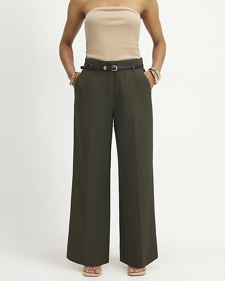 Petite Green Belted Slim Leg Trousers