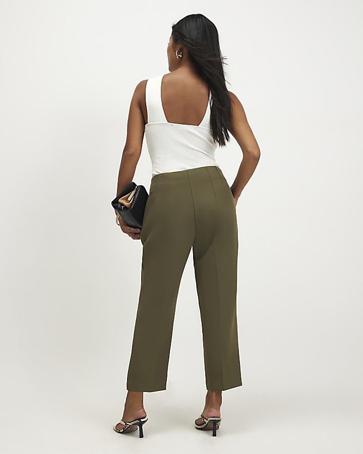 Petite Khaki High Waisted Cigarette Trousers