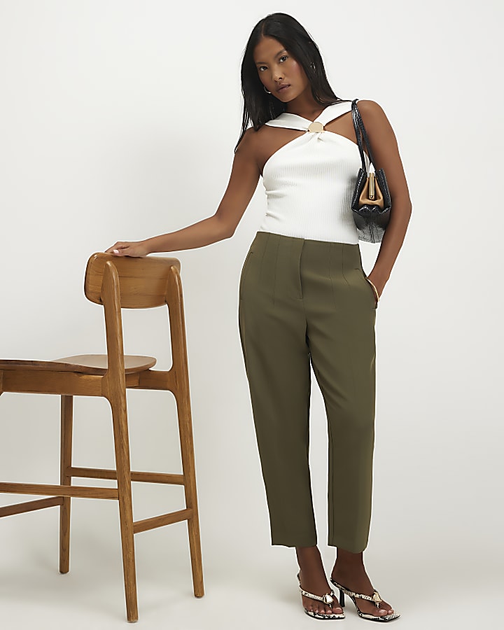 Petite Khaki High Waisted Cigarette Trousers