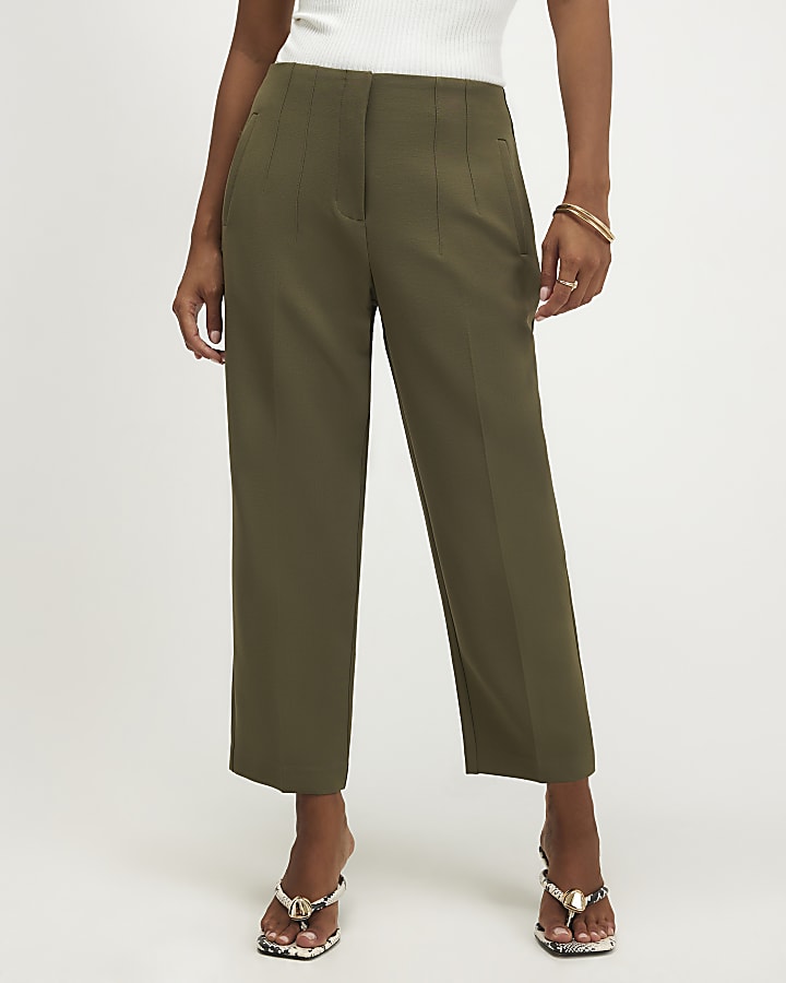 Petite Khaki High Waisted Cigarette Trousers