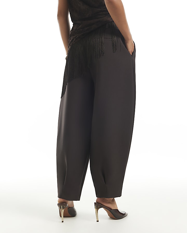 Petite Brown Pleat Detail Barrel Leg Trousers