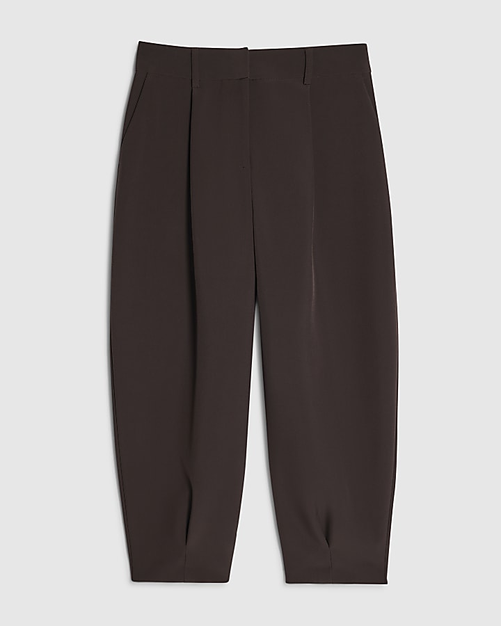Petite Brown Pleat Detail Barrel Leg Trousers