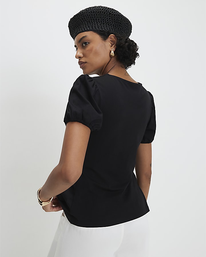Black Short Sleeve Shirred Top