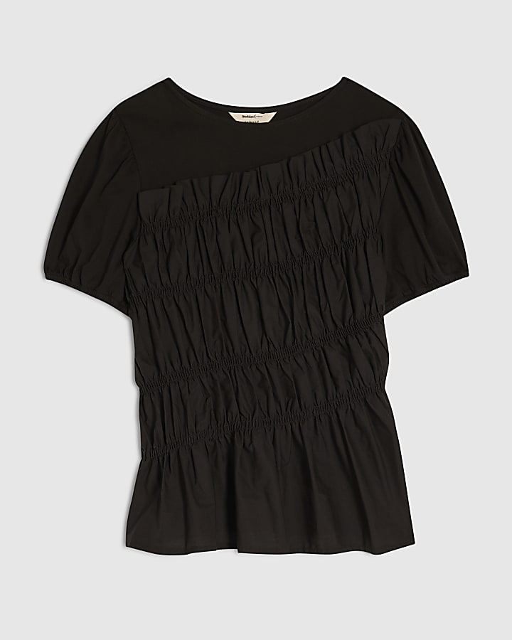 Black Short Sleeve Shirred Top