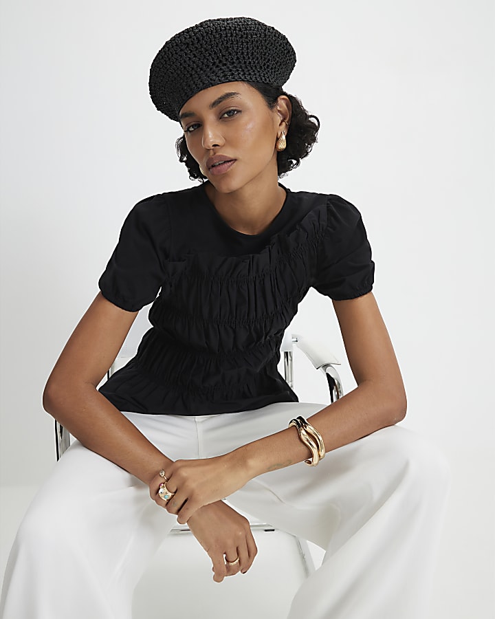 Black Short Sleeve Shirred Top