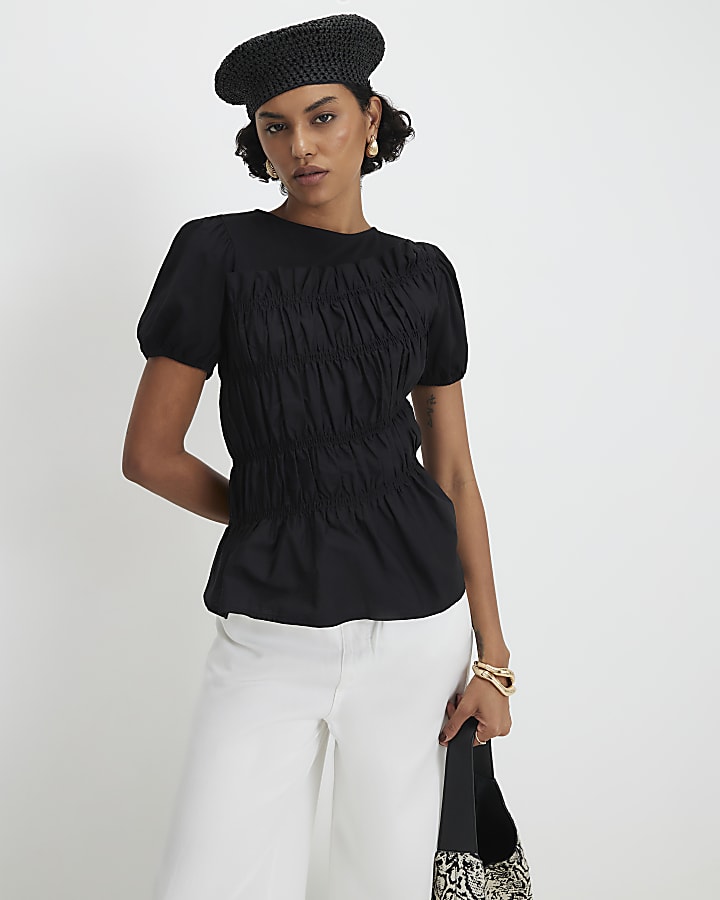 Black Short Sleeve Shirred Top