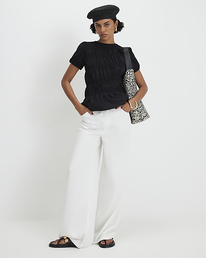 Black Short Sleeve Shirred Top