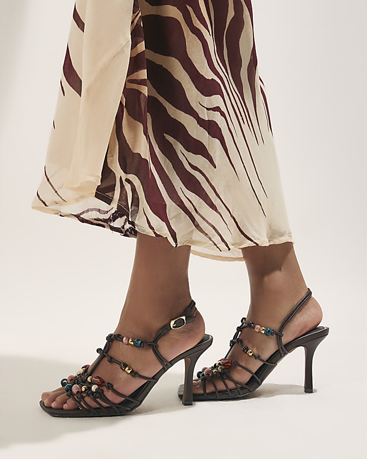 Brown Beaded Strappy Sandals