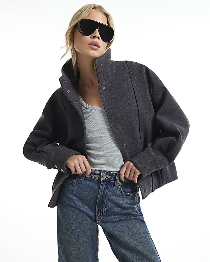Grey Funnel Neck Bomber Jacket