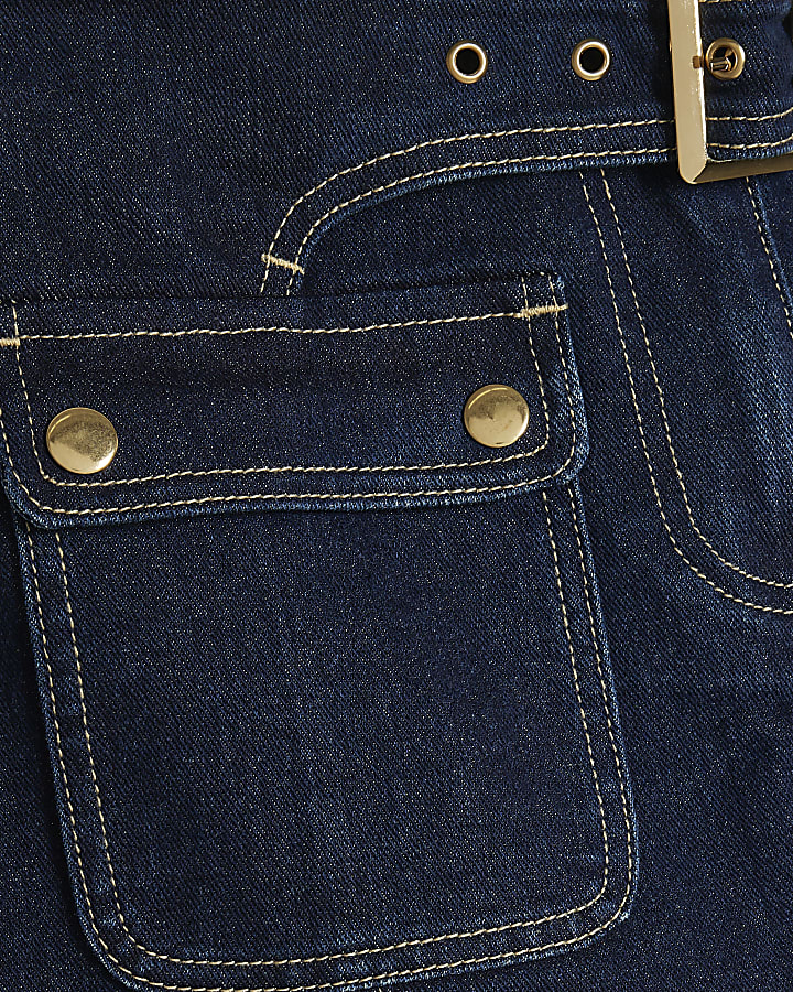 Blue Button Belted Denim Mini Skirt
