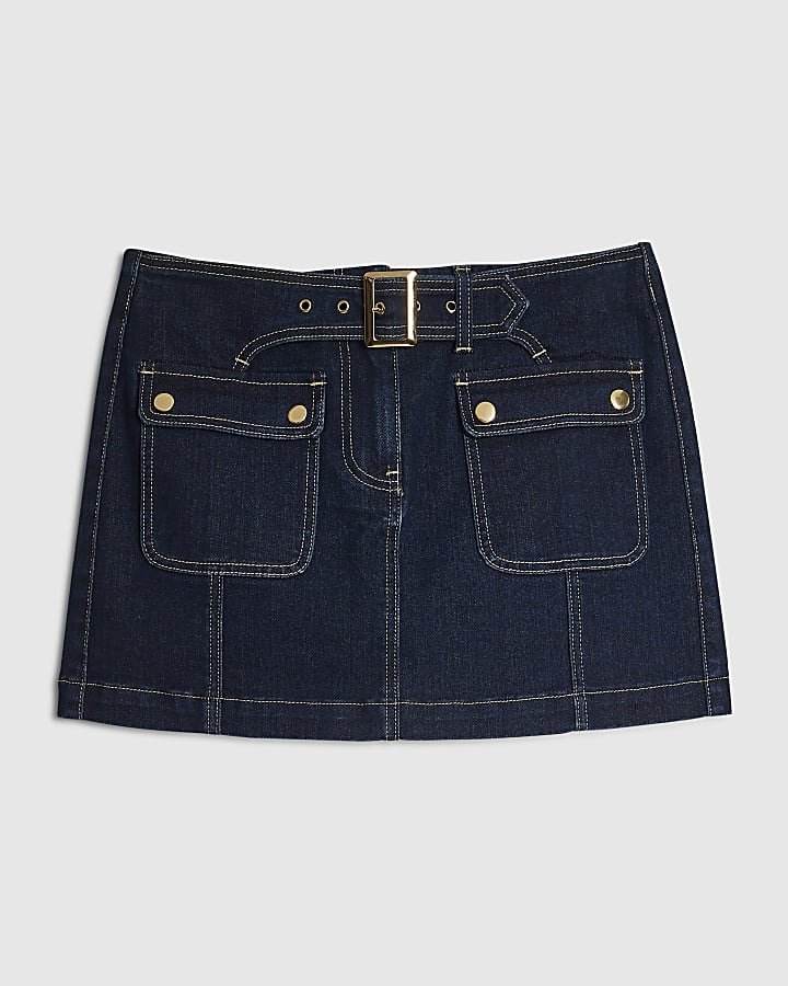 Blue Button Belted Denim Mini Skirt