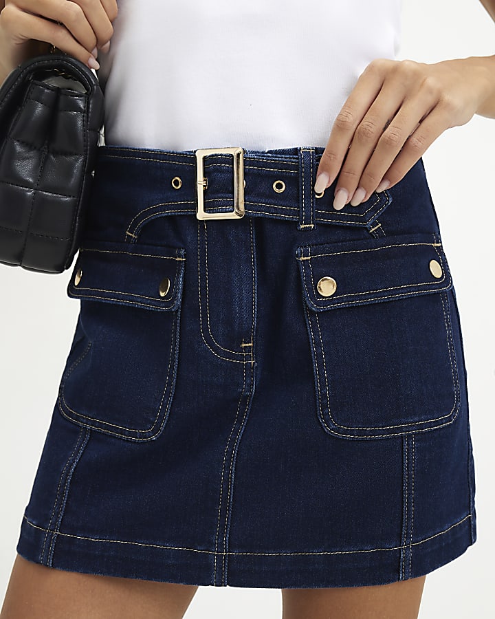 Blue Button Belted Denim Mini Skirt