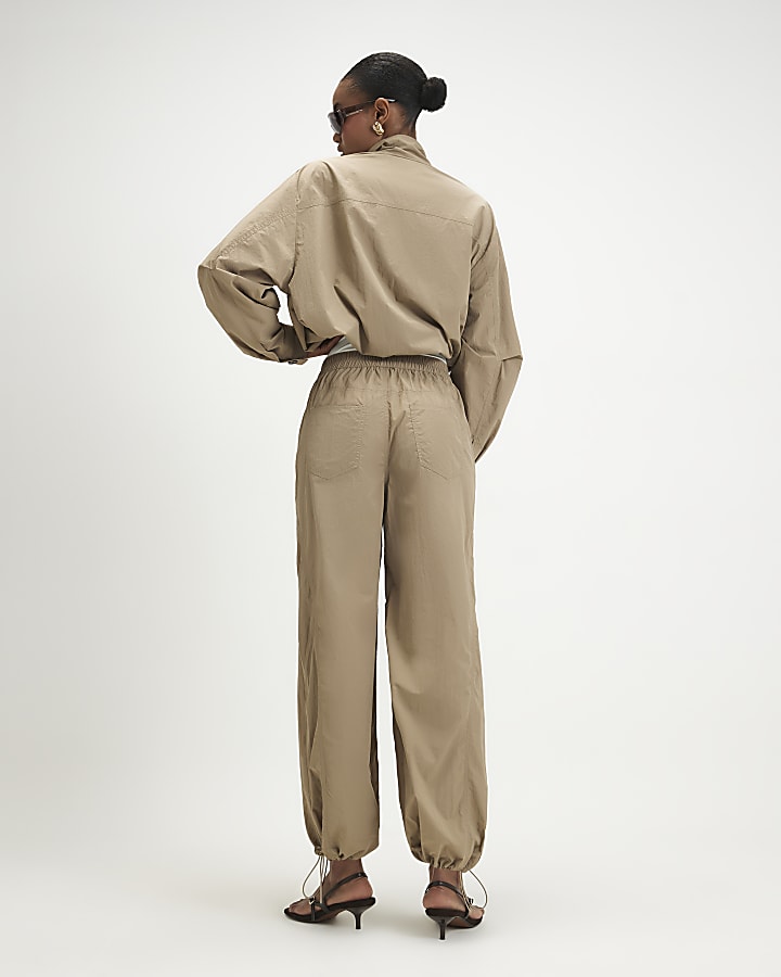Beige Drawstring Hem Trousers
