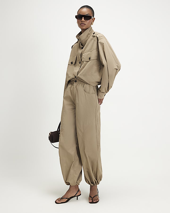 Beige Drawstring Hem Trousers