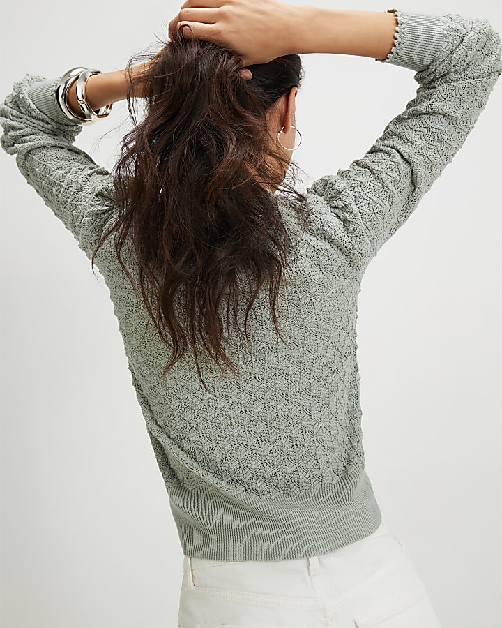 Green Knit Pointelle Stitch Henley Top