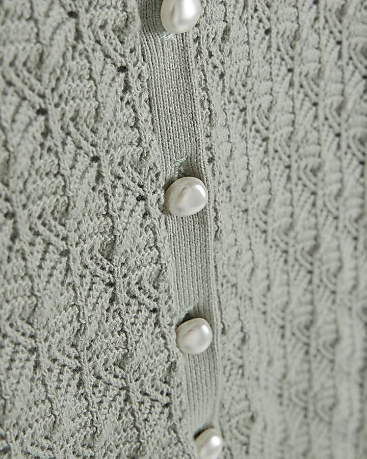 Green Knit Pointelle Stitch Henley Top