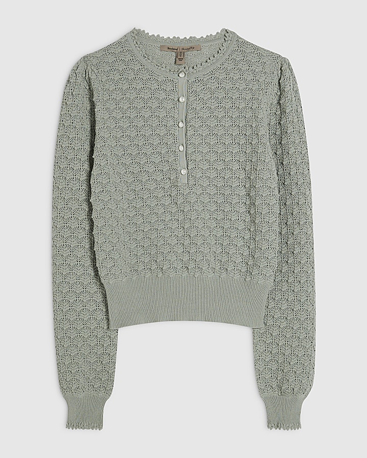 Green Knit Pointelle Stitch Henley Top