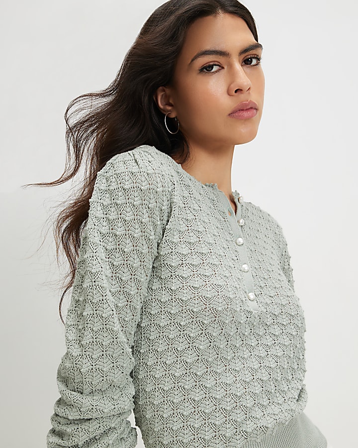 Green Knit Pointelle Stitch Henley Top
