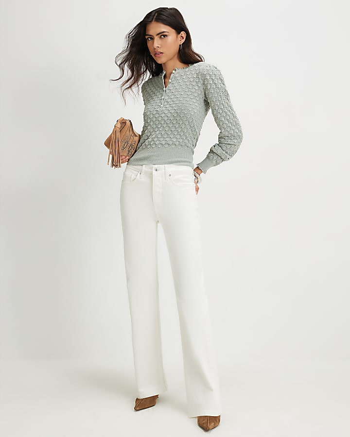 Green Knit Pointelle Stitch Henley Top