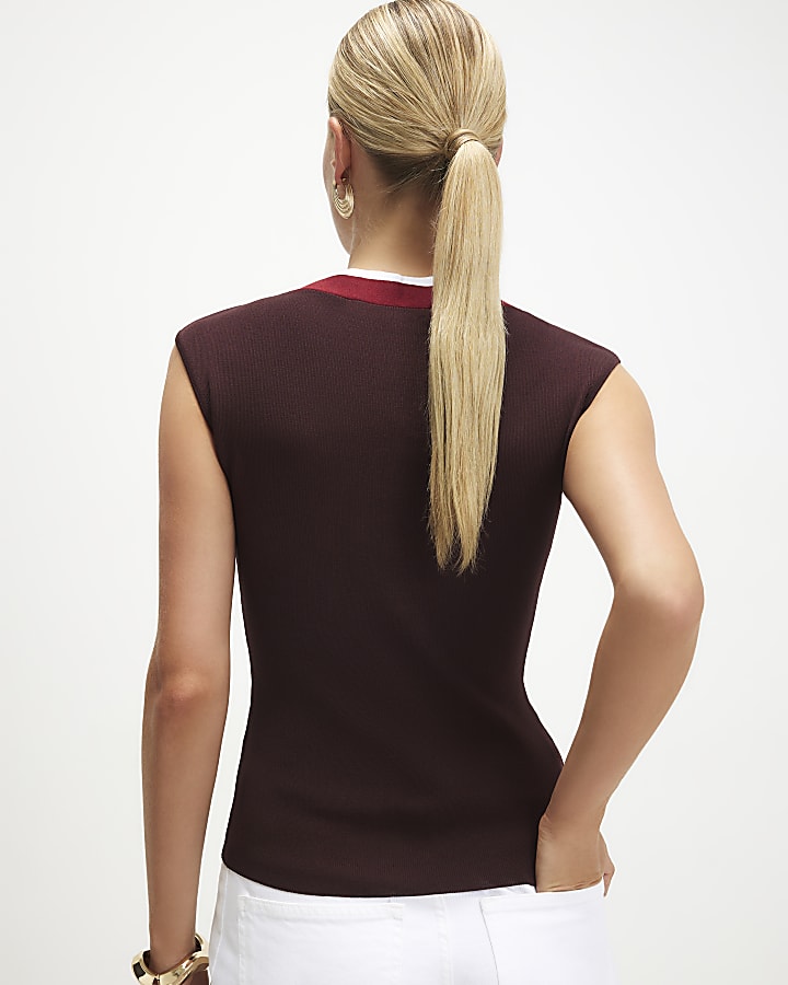Brown Double Layered Knit Tank Top