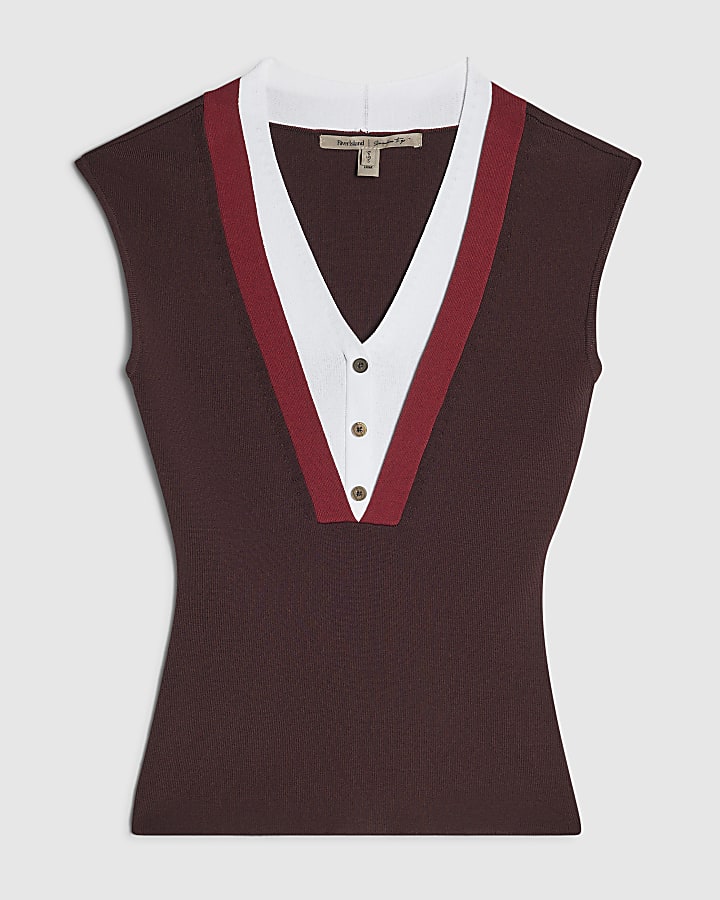 Brown Double Layered Knit Tank Top