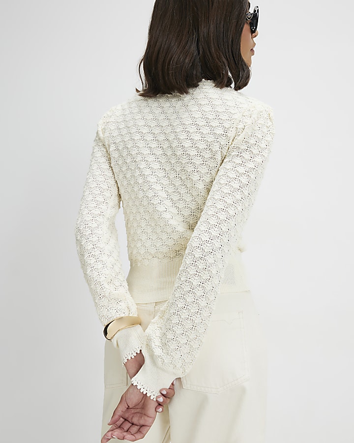 Cream Knit Pointelle Henley Top