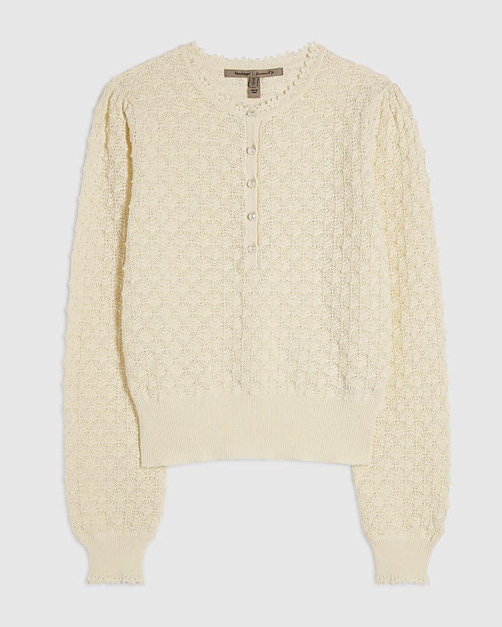 Cream Knit Pointelle Henley Top