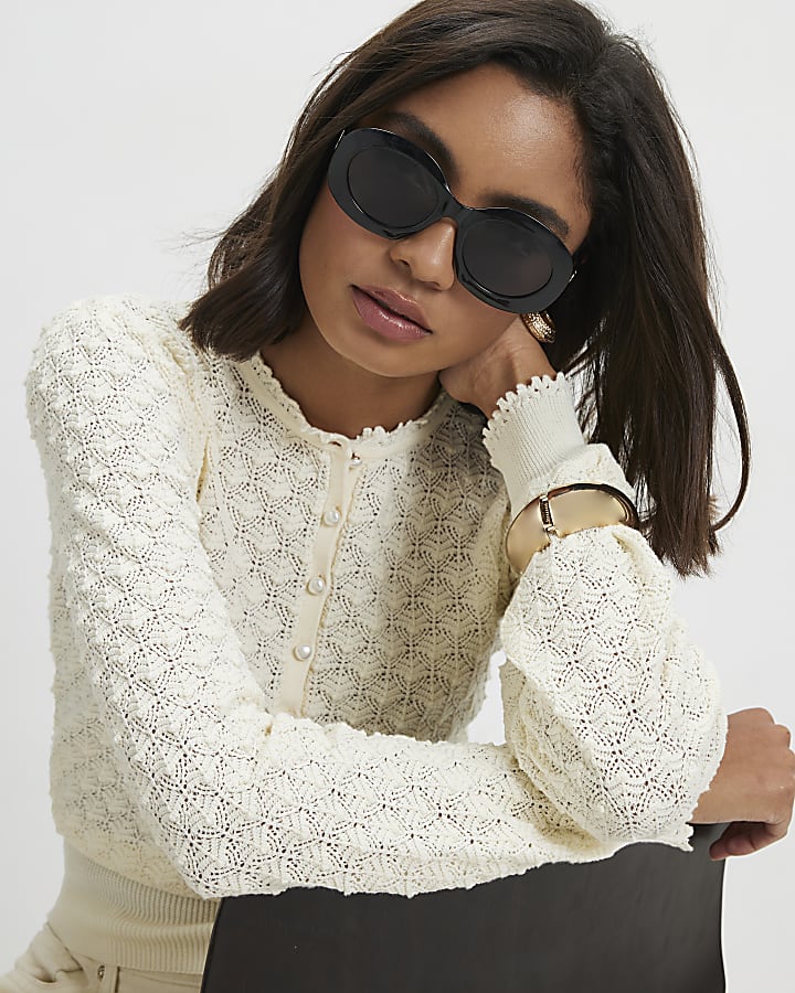 Cream Knit Pointelle Henley Top