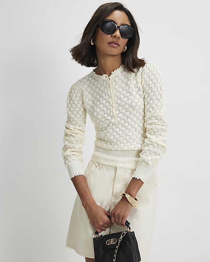 Cream Knit Pointelle Henley Top