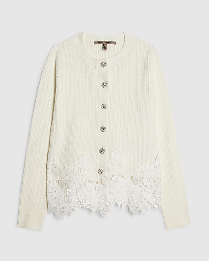 Cream Pointelle Lace Hem Cardigan
