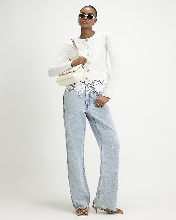 Cream Pointelle Lace Hem Cardigan
