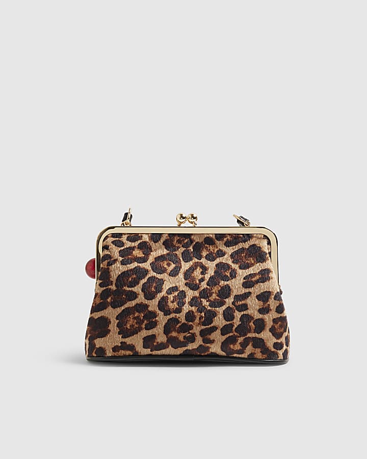 Brown Leopard Print Framed Clutch Bag