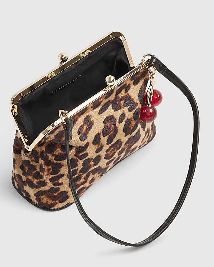 Brown Leopard Print Framed Clutch Bag
