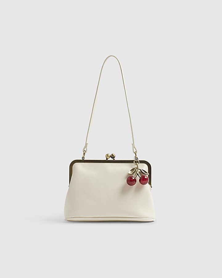 Cream Framed Cherry Charm Clutch Bag