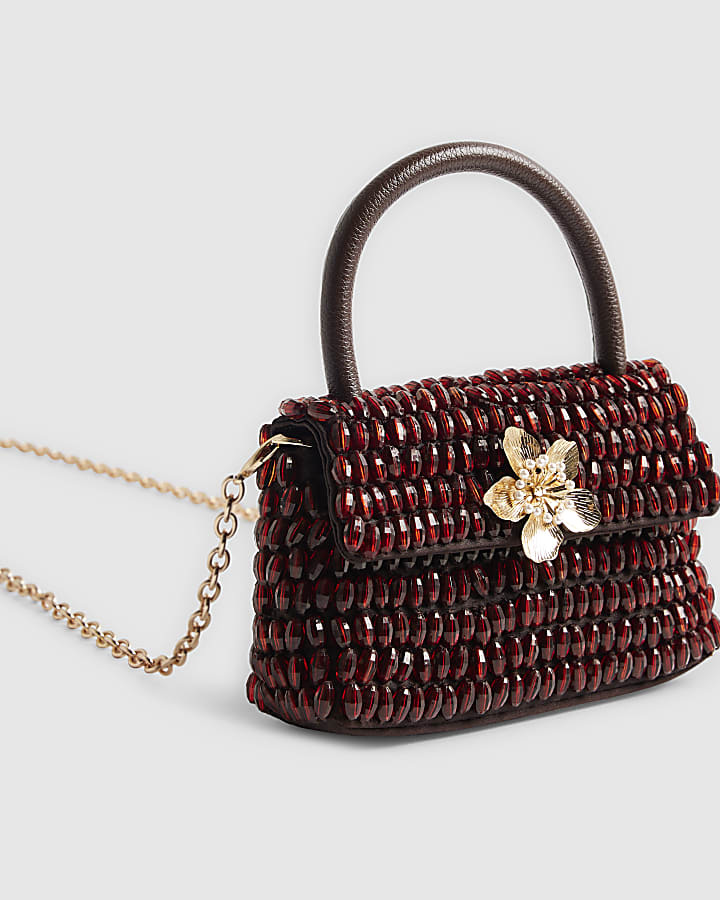 Burgundy Satin Top Handle Beaded Clutch Bag
