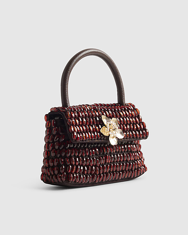 Burgundy Satin Top Handle Beaded Clutch Bag