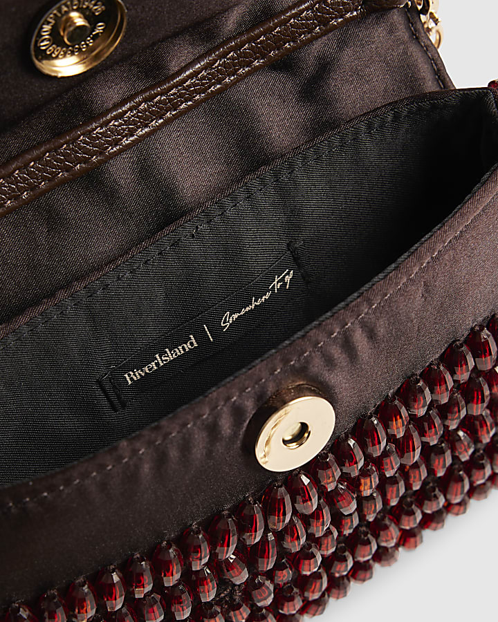 Burgundy Satin Top Handle Beaded Clutch Bag