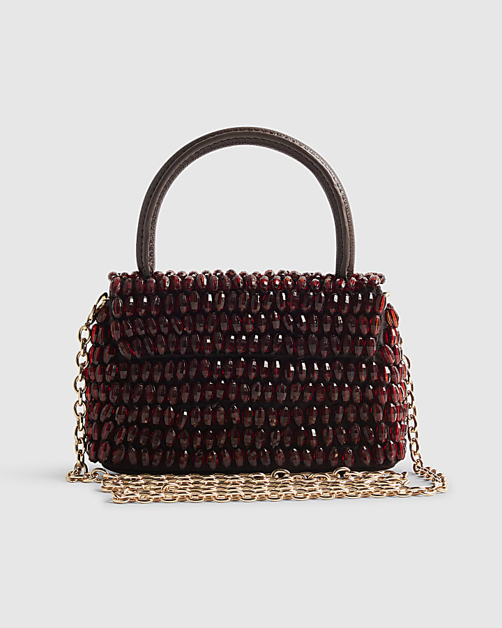 Burgundy Satin Top Handle Beaded Clutch Bag