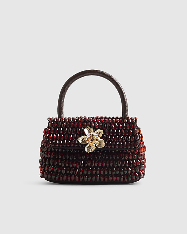 Burgundy Satin Top Handle Beaded Clutch Bag