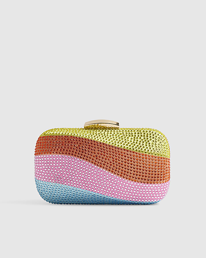 Purple Diamante Rainbow Swirl Hard Clutch Bag