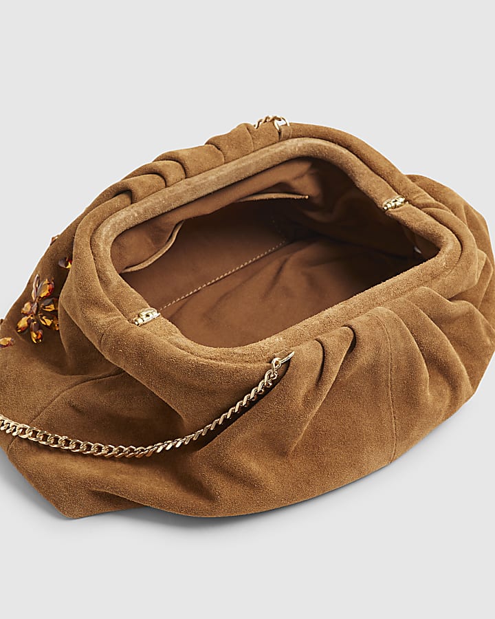 Brown Suede Embellished Ruched Clutch Bag