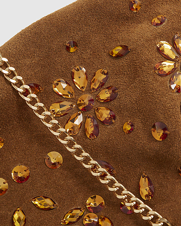 Brown Suede Embellished Ruched Clutch Bag