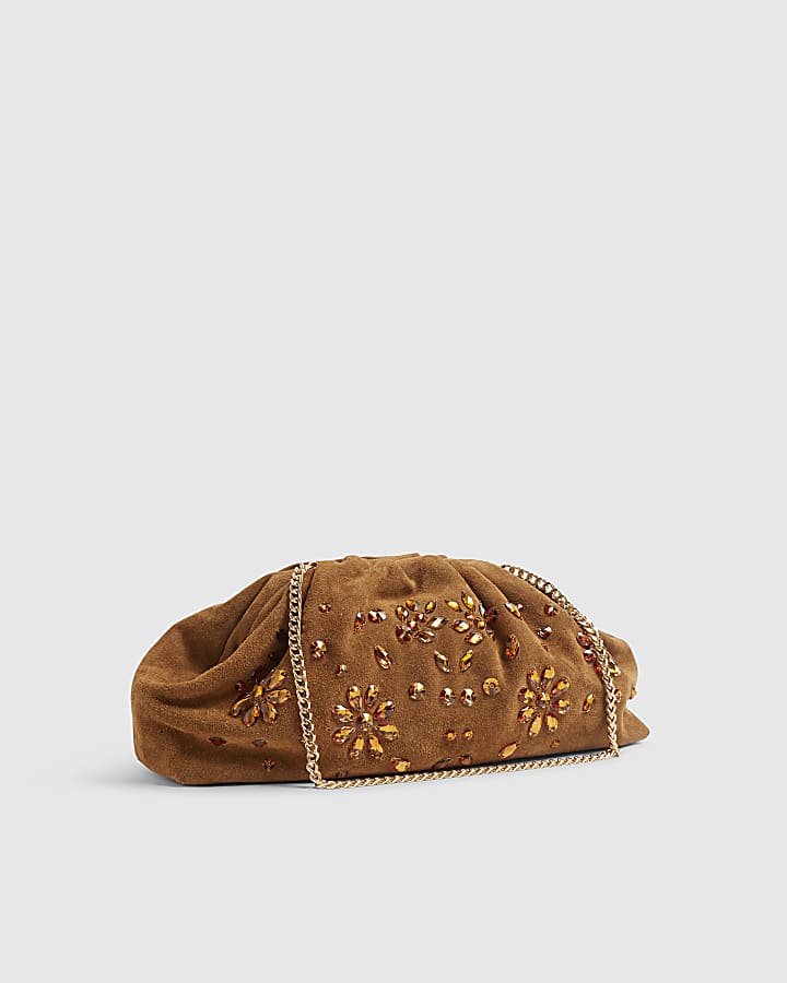 Brown Suede Embellished Ruched Clutch Bag