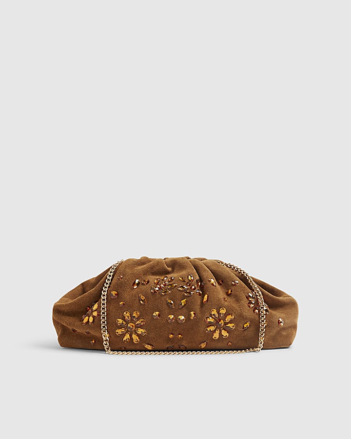 Brown Suede Embellished Ruched Clutch Bag
